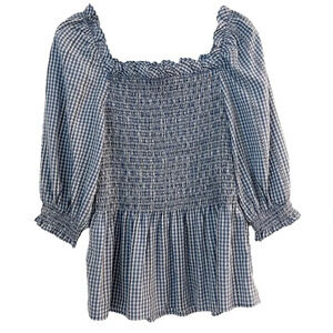 Max Studio Smocked Checkered Blue Blouse